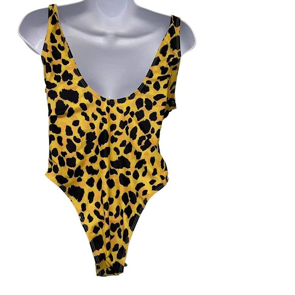 Womens Cut Out Wrap Around One-piece Swimsuit Yellow Black Leopard Size Medium - Picture 4 of 10